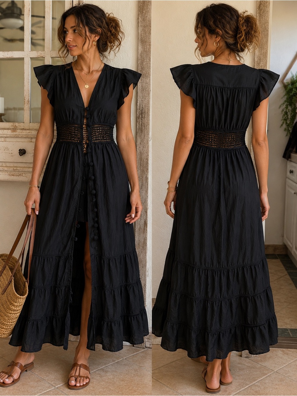 Boho Black Maxi Dress Crochet Waist Pom Pom Button Front Cottagecore Small